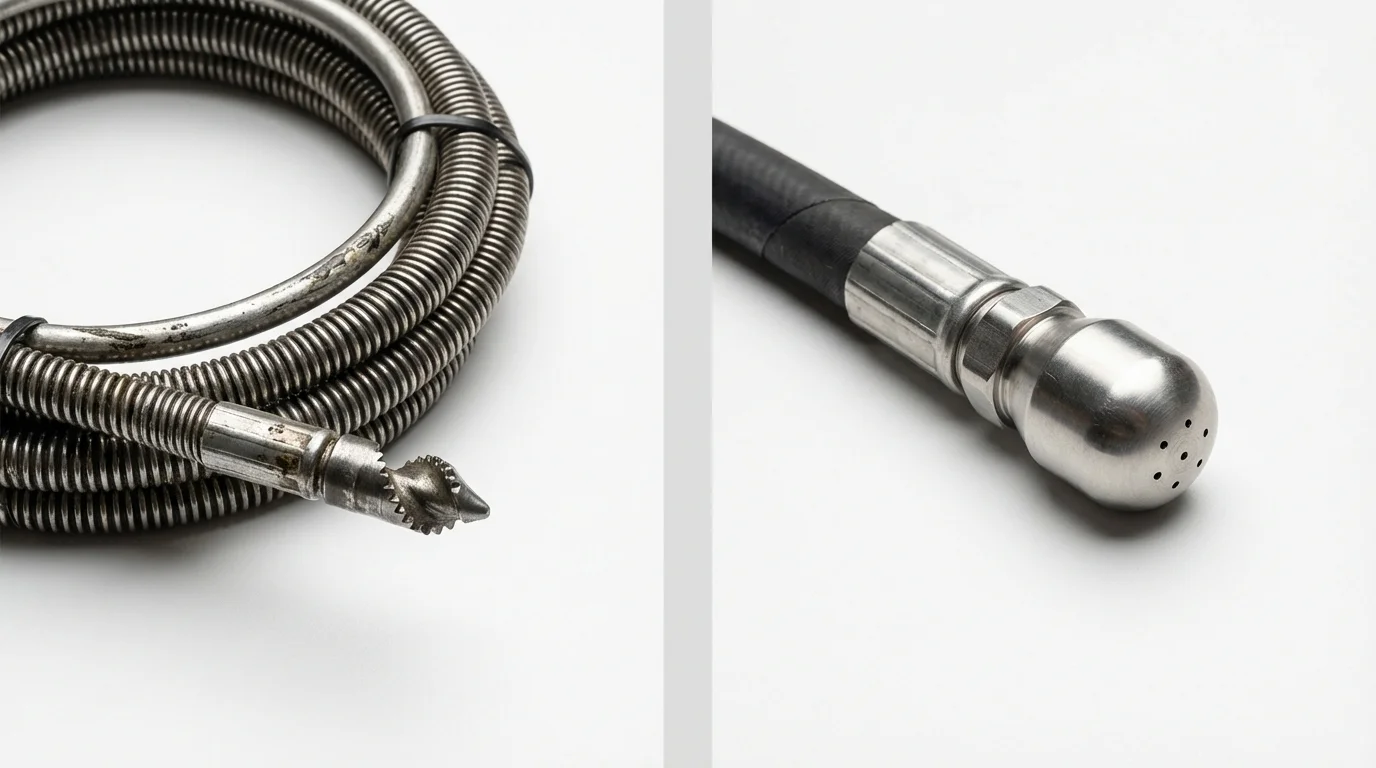 Drain snake cable and hydro jetting nozzle used for drain cleaning in Rochester, MA