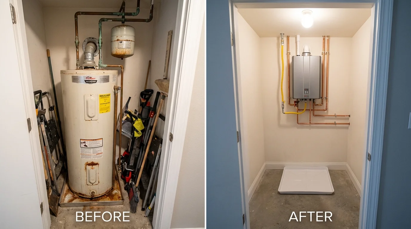 Tank water heater versus wall-mounted tankless unit comparison for Rochester, MA homeowners
