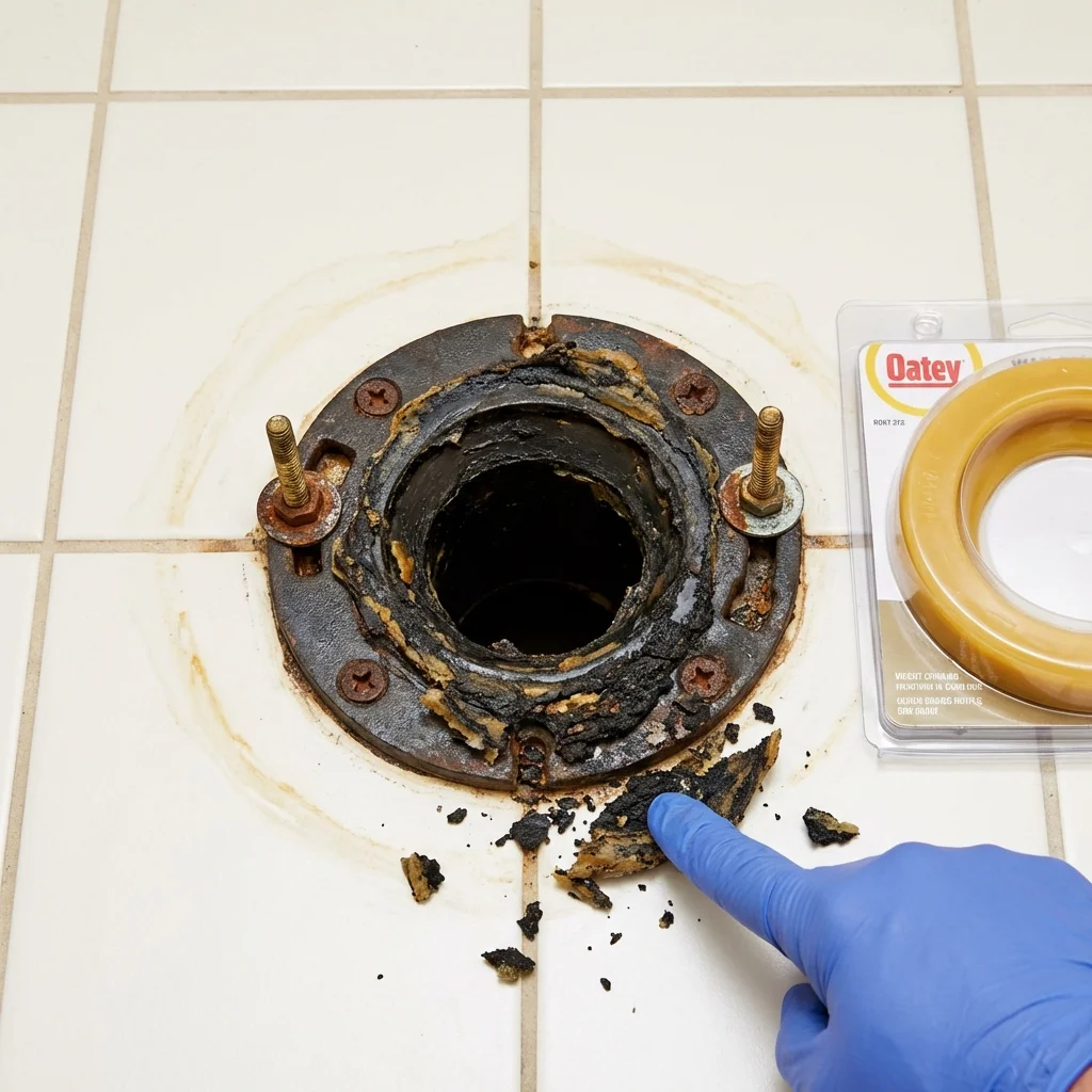 Failed wax ring showing water seepage at the base of a toilet in a Rochester, MA home
