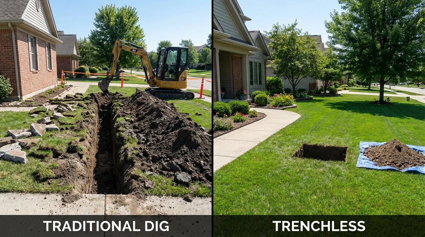 Trenchless sewer repair with minimal yard damage versus traditional excavation in Rochester, MA