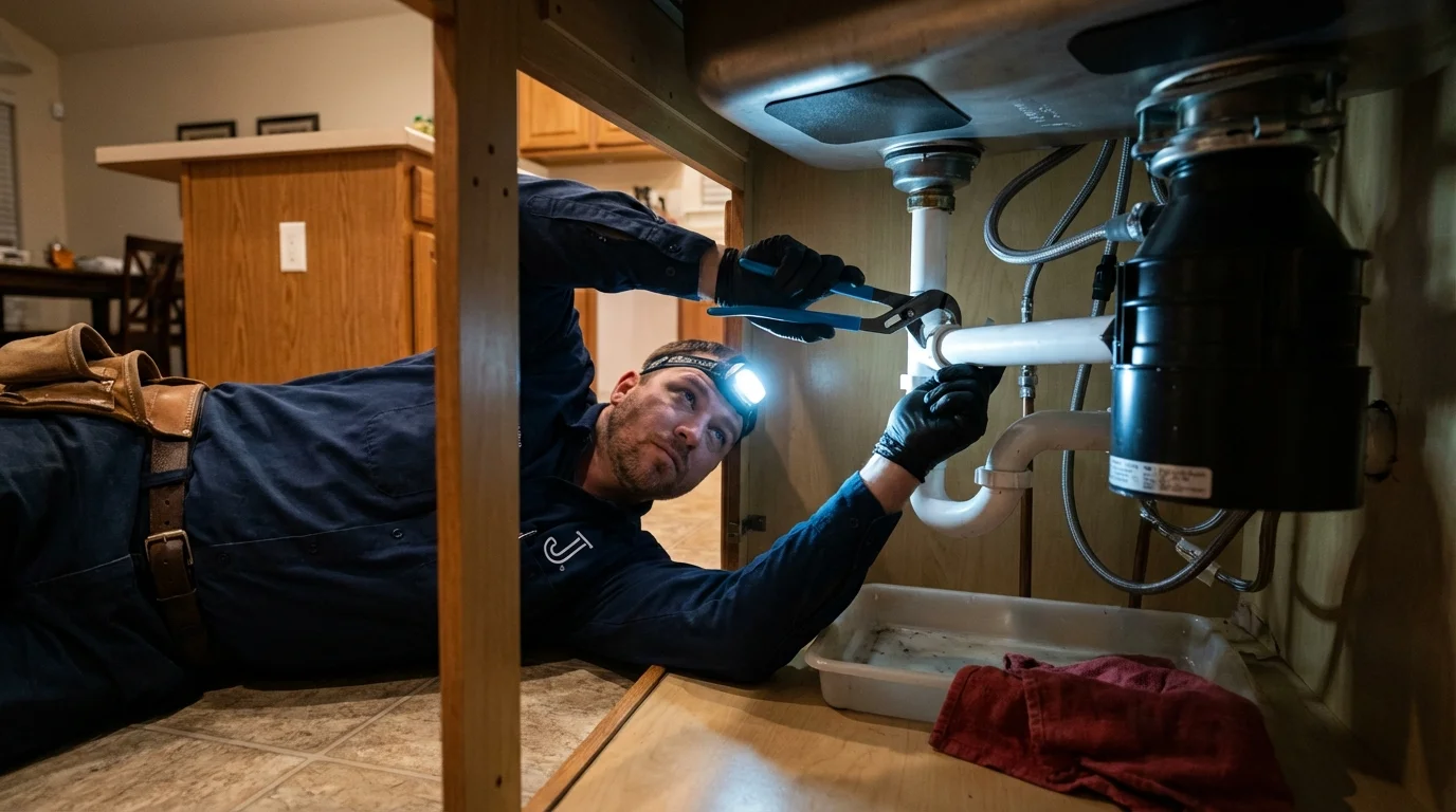 P-trap and supply line connections under a kitchen sink showing a common leak point in Rochester, MA